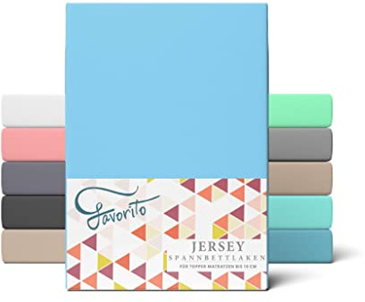 Favorito Topper Spannbettlaken Jersey Baumwolle 200x220 cm – Baby Blau | Für Topper · Rundumgummi · Steghöhe 5–10 cm · Trocknergeeignet · 130 g/m² · 100% Baumwolle · STANDARD 100 by OEKO-TEX