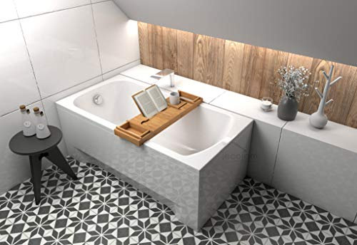 ECOLAM® Badewanne Wanne Rechteck Classic Polimat Design Acryl weiß 170x70 cm + Ablage Bambus + Schürze Ablaufgarnitur Ab- und Überlauf Automatik Füße Silikon Komplett-Set