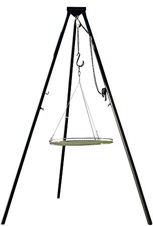 Massives 180 cm Stahl Dreibein Benny + EDELSTAHL Grill Ø 55 cm mit Seil nur 10 mm lichter Stababstand Schwenkgrill für Gulaschkessel Gulaschtopf Schwenker BBQ Geschenk Geburtstag