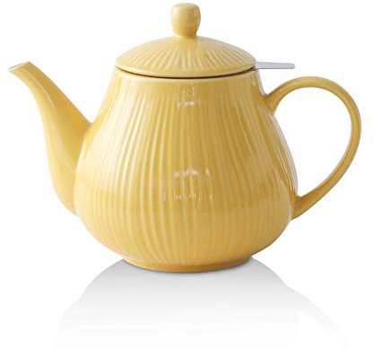 KOOV Ceramic Tea Pot with Stainless Steel Infuser, 40 ounce Large Enough For 6 Cups, Striped Series (Lemon)