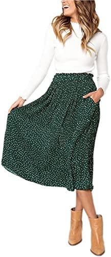 Hoerev Frauen Print Punkt mit Taschen Falten Langer Rock Beach Party Maxi Rock,Grün Punkt,M