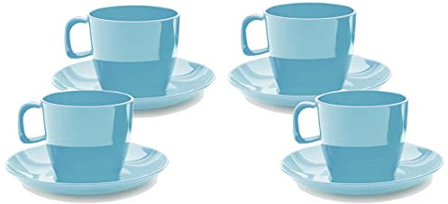 Harfield Summer Blue Tea Cups & Saucers 8 Piece Set Virtually Unbreakable Reusable Polycarbonate x4 Tea Cups x4 Saucers
