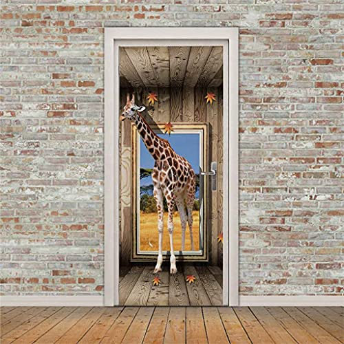 CBWRAW 3D Door Stickers Wall Murals Poster Wallpaper Log Cabin Animal Giraffe Vinyl DIY Removable Wall Art Door Decal for Living Room Bedroom Bathroom Kids Room Office Home Decoration 77x200cm