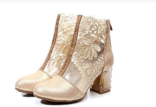 WAYERTY Stivaletti con Tacco Spesso in Pizzo Cavo, Sandali Leggeri Estivi alla Moda da Donna Dietro Stivaletti Corti con Cerniera Punta Tonda Stivali A metà Polpaccio in Pelle PU Scarpe,d'oro,35EU