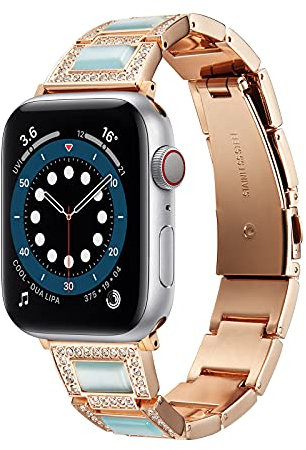 GOOYIN Cinturino Donna per Apple Watch Series 7 6 5 4 3 2 1 SE Gioielli Cinturino Diamante Strass Cristallo Moda Unico Metallo Cinturini di Ricambio per iWatch 41mm 40mm 38mm, Oro Rosa/Verde Pino
