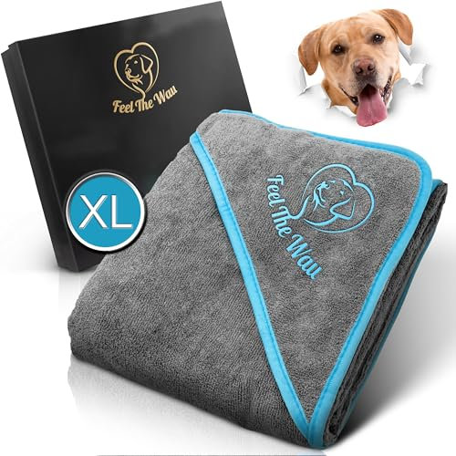 FeelTheWau Hundehandtuch extra saugfähig - Hundehandtuch für große Hunde und kleine Hunde - KUSCHELWEICH - Hunde Handtuch - Geschenk für Hundebesitzer (1er Pack 130x75cm, Grau/Türkis)