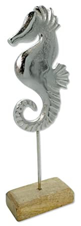 Metall Skulptur mit Holz-Fuß Silber-braun Seepferd 11 x 33cm Dekofigur Tisch-Deko Maritim Mediterran Meeresdeko