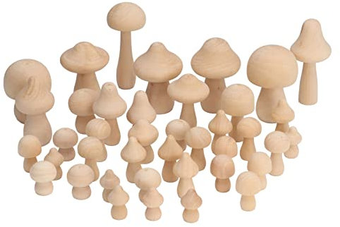 BuyWeek Holzpilze Unfertiger, 40 Stück Unbemalter Holz Pilz Deko Set Verschiedene Größen Unfertige Bastelpilze aus Holz, Pilzfiguren zum Selbermachen