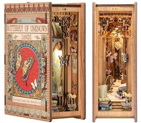 Cutefun Book Nook Kit, DIY Miniature Dollhouse Kit, 3D Wooden Puzzle Bookshelf with Led Light Decoraton for Teens and Adults (Butterfly)