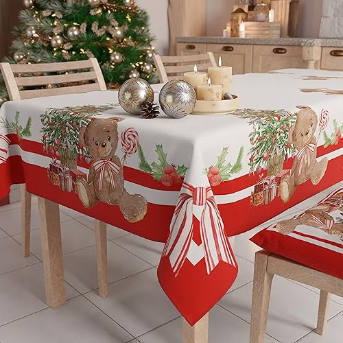 PETTI Artigiani Italiani - Tovaglia Natalizia Antimacchia Rettangolare Copritavolo Natalizio Cucina Disegno Orsetto X6 Posti (140x180 cm) 100% Made in Italy