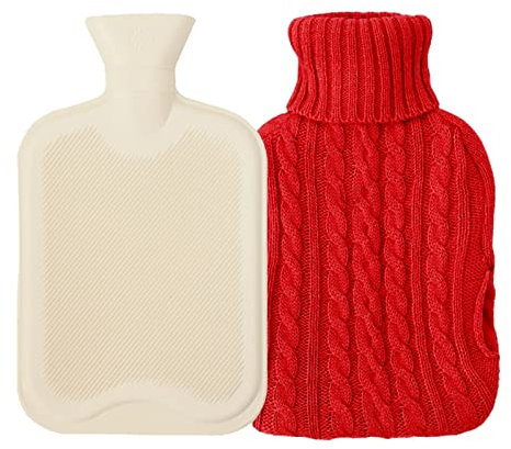 Rote Wärmflasche mit Strickbezug, 2L große klassische Wärmflasche für Halsschulter, Gummi Winter Handfüße Wärmer für Frauen Mädchen