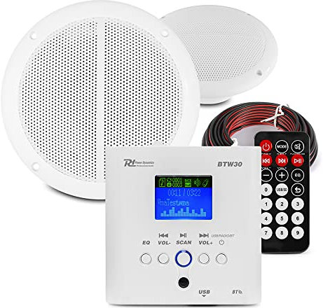 Power Dynamics BTW30 Bluetooth Ceiling Speaker Kit - Waterproof Outdoor Garden Speakers System with In-Wall Amplifier, Wireless Streaming, FM Radio, USB Playback and Easy Installation (White)