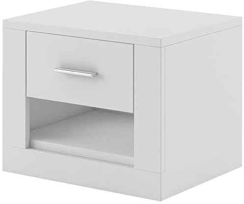 MINIO go for it Arti - Table de Chevet, Largeur 50 cm, Meuble en Panneau stratifié, Table de Nuit avec tiroir avec Guides à roulettes, Petite Taille, Montage Facile - Blanc