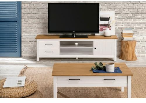 AltoBuy Tina - Pack Salon avec Meuble TV + Table Basse en Bois Ciré et Blanc
