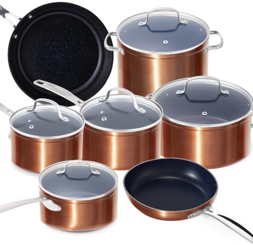 Nuwave 12pc Healthy Pots and Pan Set Non-Stick, Forged Lightweight Cookware Set, G10 Duralon Ceramic Coating, Vented Tempered Glass Lids, Induction-Ready & Works on All Cooktops, PFAS Free