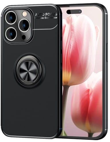 NALIA Ringhülle für iPhone 15 Pro Max - Hülle, Schwarz | Integrierte Metallplatte, Erhöhter Kamerarand als Linsen-Puffer, Flexibles TPU, Anti-Fingerabdruck-Finish