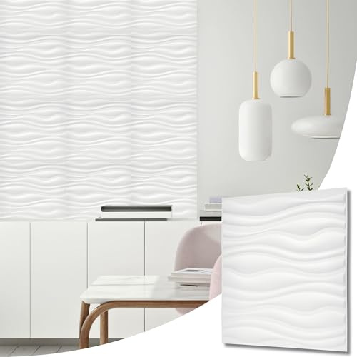 NOVECRAFTO Wave Effect 3D Wall Panels - 12 Sheets Covering 3 sqm | 32.29 sqf Interior Cladding Panels Set | 3D Wall Tiles Wave Design in Matt White - Each Panel Size 19.6 x 19.6