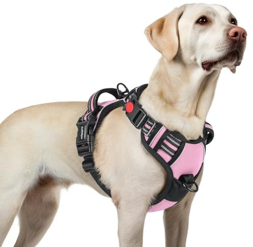 rabbitgoo Hundegeschirr Grosse Hunde, Verstellbare Geschirr Hund ohne Zug & Würgen, Anti Zug hundegeschirr mit Griff, weich Gepolsterte Reflektierende Brustgeschirr, Rosa L