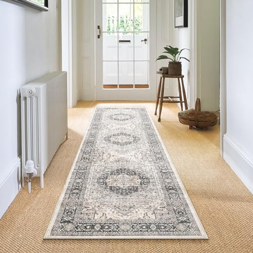 Carvapet Läufer Teppich 60x240cm rutschfest Lang Teppichläufer Waschbar Mikrofaser Vintage Medaillon Grau Teppich Flächenteppich Laufteppich