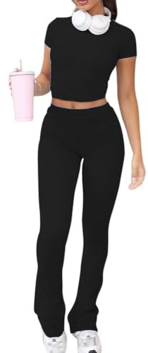 Azazaza Damen Skims Dupe Slim Fit Zweiteiliges Set Enges Kurzärmliges Oberteil und Low Rise Flare Pants Yoga Trainingsanzug Sport Lounge Set