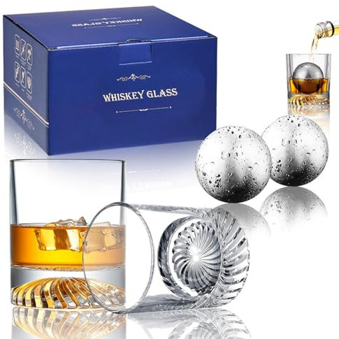 Whiskey Glasses,2 Old Fashioned Glasses Set with 2 XXL Stainless Steel Ice Balls,10oz Whiskey Rocks Glasses Gift for Men,Bourbon Tumbler for Scotch Whisky Cognac,Rock Barware at Bar Home