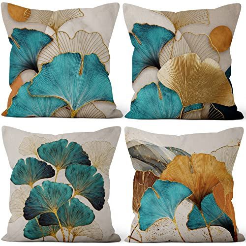 Uiiooazy Kissenbezug Ginkgo, Kissenbezüge Blau Türkis Blätter Pflanzen Motivo Quadratisch Kissenhülle Samt Zierkissenbezug für Sofa Couch Schlafzimmer Wohnzimmer Auto Zuhause, 4er Set, 45Bx45Hcm