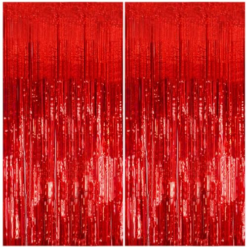 2 Pack Foil Curtain Backdrop Red Metallic Tinsel Foil Fringe Curtains Photo Booth Props for Birthday Wedding Engagement Baby Shower Bachelorette Christmas Holiday Celebration Party Decorations