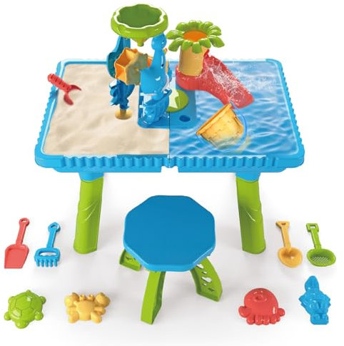 Wasserspieltisch, 2-in-1 Sand und Wassertisch für Kleinkinder, Wasserspielzeug mit Strandformen und Stühlen, Aktivitätssensorischer Water Play Table, Sommer Outdoor für Kinder ab 3-6+ Jahre