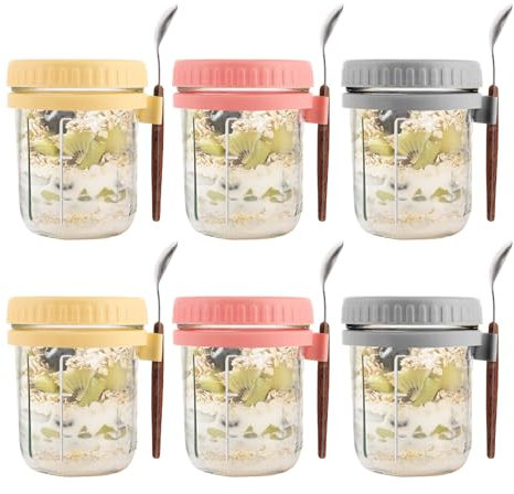 DAJAVE 6 Pcs Overnight Oats Jar with Lid and Spoon, 12oz/350ml Overnight Oats Container Airtight Breakfast Jars with Measurement Marks Glass Overnight Oats Jars Breakfast Pots for Cereal Yogurt Milk