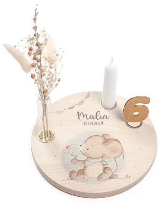 Nord-Kind® Geburtstagsteller personalisiert – Maus | Personalisiert aus Buchenholz, inkl. Kerze, Vase, Zahlen und Haltern; 20 cm.