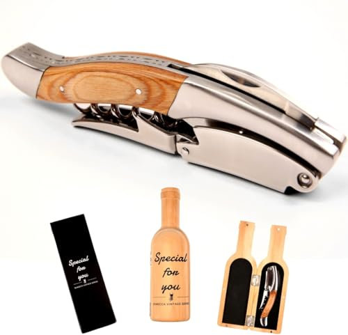Semecca® Sacacorchos de vino de madera natural, doble etapa, el abridor de vino perfecto y llave de vino, caja de madera con forma de botella de vino, regalo para los amantes del vino