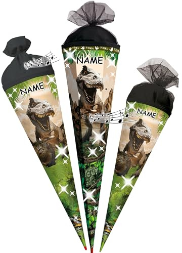 alles-meine.de GmbH mit Sound + Glitzer - Effekt ! - Schultüte - Dinosaurier - Tyrannosaurus Rex - 35-100 cm - Größe wählbar - Holzspitze wählbar - inkl. Name - Zuckertüte - Tü..