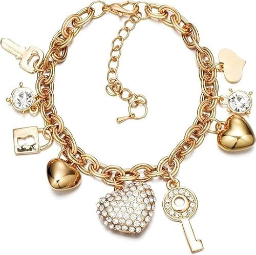LUYANFX Bracelet Charms or Femme, Bracelet à Breloques en Or, Bracelets avec Pendentif Coeur, Clés, Serrures, Cristaux, 7“+2”(Chaîne d'extension), Bijoux de Mode Cadeau pour Femme