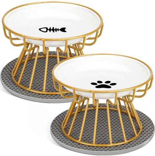 Mozvvco Katzennapf Erhöht, 2 Stück Katzennapf aus Keramik mit Metallständer, Futternapf Katze mit Napfunterlage Silikon, Anti-Erbrechen Futterstation Katzen, Katzennäpfe für Futter Wasser, Gold