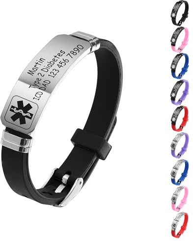 MeMeDIY Personalisierte Medizinische Alarm Armbänder für Frauen/Männer Verstellbare Silikon Wasserdichtes Armband/Armbänder aus Edelstahl mit Eingraviertem Medizinische ID Alert Info Style-C3