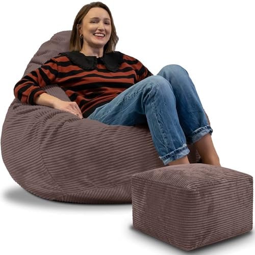 DreamRoots Sitzsack Erwachsene Cord oder Kinder - Bean Bag Sofa - Sitzsack Cord mit Hocker und Bezug - Sitzsäcke mit Füllung 90x90x100 cm Roasted Cocoa