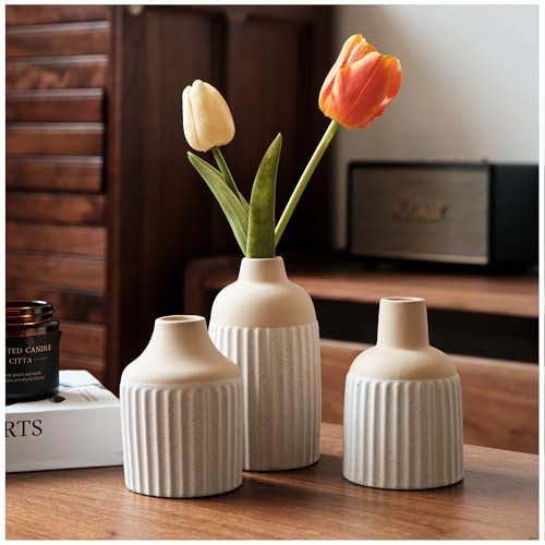 Beige - Weiße Keramik Vase Set 3 - Aesthetic Boho Skandinavische Blumenvasen Home Decor -Moderne Natürlicher Textur Kleine Vase Für Wohnzimmer, Flur, Regal,Tisch, Bücherregal, Couchtisch, Esszimmer