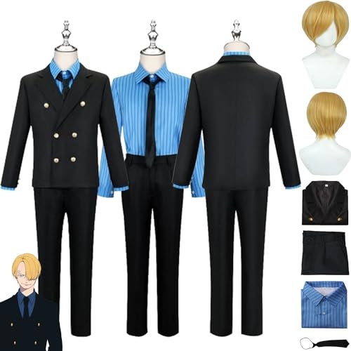 bbganlian Anime One Piece Sanji Cosplay Kostüm Outfit Monkey D. Luffy Rollenspiel Schwarz Uniform Komplettes Set Halloween Karneval Party Dress Up Anzug mit Perücke für Männer (L)