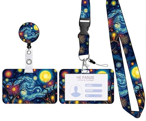 Porte-Badge Personnalisé,Tour de Cou Badge avec Porte-Cartes,Porte Badge Enrouleur,Strap Neck avec Swivel Lobster Clasp pour Porte Badges d'Identification (D-Cartoon Ciel étoilé)