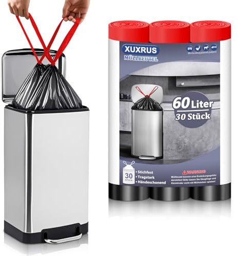 XUXRUS Schwarz Müllbeutel 60L mit Zugband Mülltüten mit Tragegriff Groß Müllsäcke,30 Stück Küchen Abfallsack