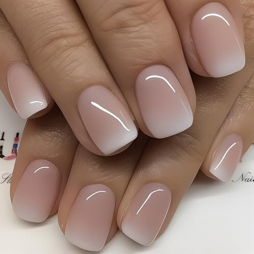 24Pcs False Nails Short Square, Gradient White Pink French Fake Nail, Square Press on Nails with Elegant Design, Stick on Nail for Women Girls Nails Art (Pink White Gradient, One Size)
