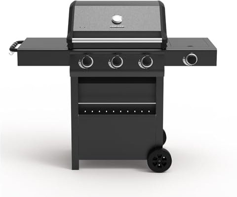 CREATE/BBQ GAS BURNER PRO/Barbecue à gaz avec 3 brûleurs et 1 latéral/Allumage facile, grande surface de cuisson, grille latérale, table d'appoint pliable, grille de maintien au chaud, 17kW
