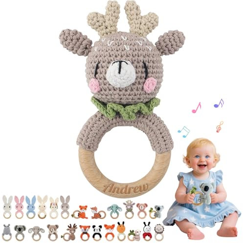 Hochet Bebe & Anneau Dentition Bebe Bois Personnalisé avec Nom Gravé, Hochet Peluche Jouet Bébé 0-12 Mois, sans BPA, pour Dentition Développement Sensoriel Auditif Bébé, Cadeau Baby Shower (10)