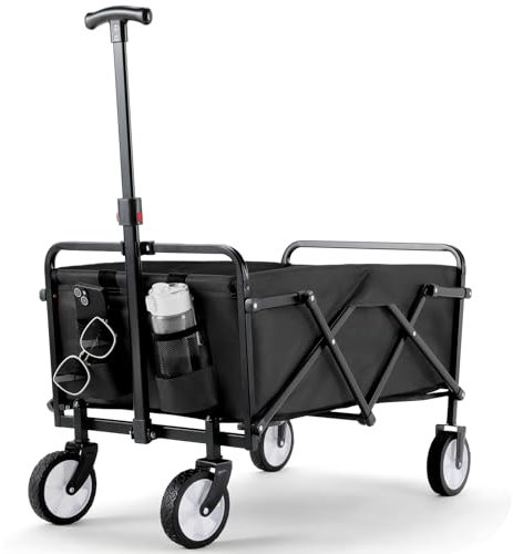 Bollerwagen Faltbar Handwagen All Terrain Räder, Gartenwagen mit Getränkehalter verstellbarem Griff, Transportwagen Klappbar Strandwagen, Gartenkarre, Einkaufswagen, Camping (Schwarz)