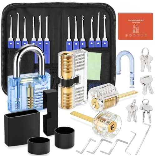 Diyife 38-Teiliges Lockpicking Set, Dietrich set, Schloss Knacken Set,Blau | Lock Pick Set, 4 Transparentem Trainingsschlössern, 4 Schwarze Verschlusshülsen, Rutschfester Silikongriff, Beidseitige Übung