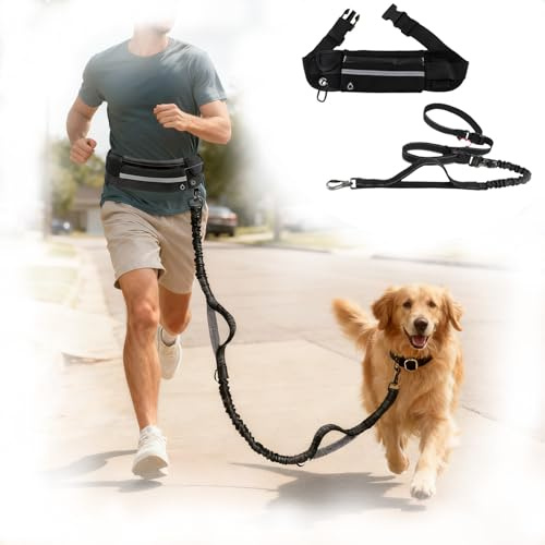 Cintura da passeggio per cani a mani libere, resistente, con cintura in vita, elastico regolabile, cuciture riflettenti per jogging