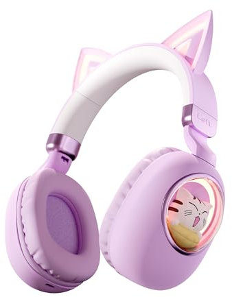 sunvito Kinder Kopfhörer Bluetooth 5.4, LED Beleuchtetes Katzenohr, Faltbarer Over-Ear Kopfhörer mit Mikrofon, 85dB Lautstärkebegrenzung, kabellos & 3,5mm kabelgebunden, für iPad/Tablet/Schule/Reisen