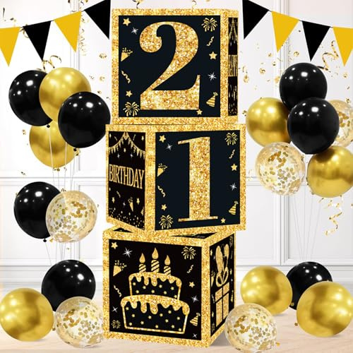 QIFU 21st Birthday Decorations for Him, 3pcs 21st Birthday Boxes Black Gold | 21 Birthdays Party Decoration Supplies Black Gold Table Centrepiece Decorations for Him Her Boys Girls Gift(21 Year Old)