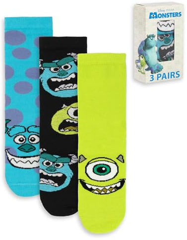 Disney Monsters Inc Men's Calf Socks Set of 3 | Mike Wazowski & Sulley Graphic Polkadot Design | Everyday Wear in Blue, Black, Green Merch