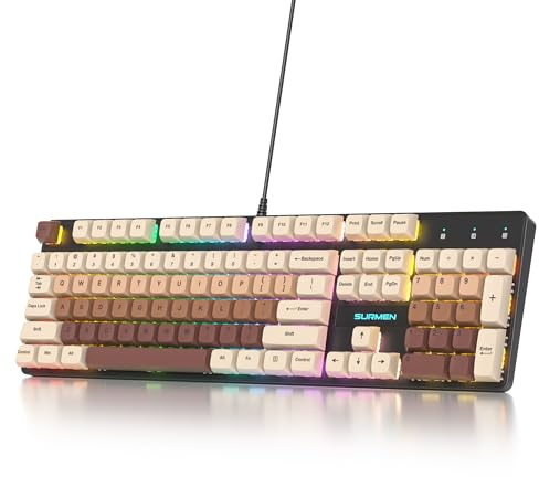 surmen Teclado mecánico con cable marrón de tamaño completo, teclado Thocky RGB de 104 teclas con teclado numérico, teclas USB retro PBT para ganar juegos/oficina (104 café)